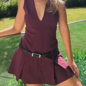 ZARA Womens Belted Box Pleat Dress Burgundy Size Small